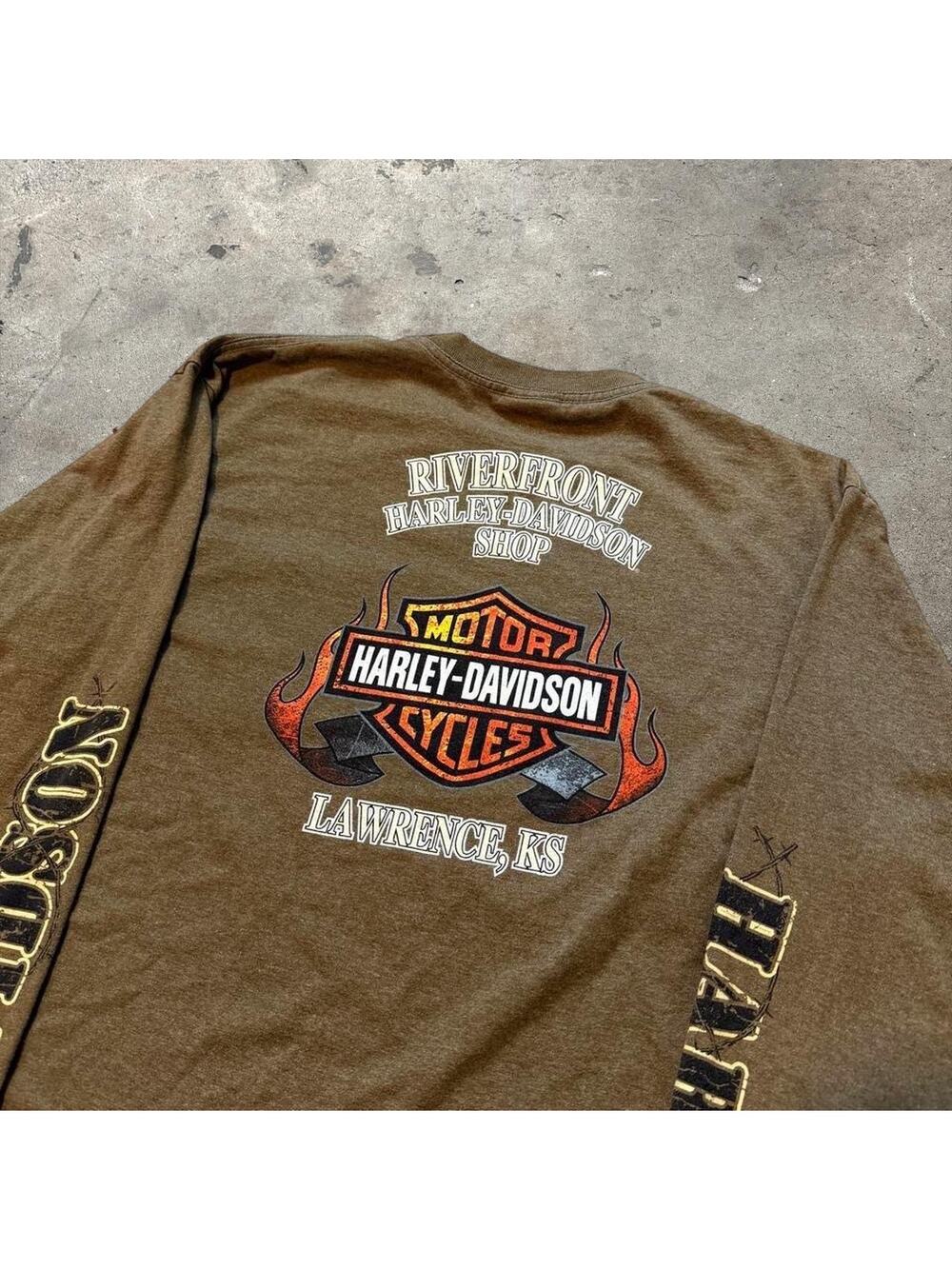 Vintage 2003 Harley Davidson Flame Long Sleeve Pocket Tee Brown Biker Graphic XL